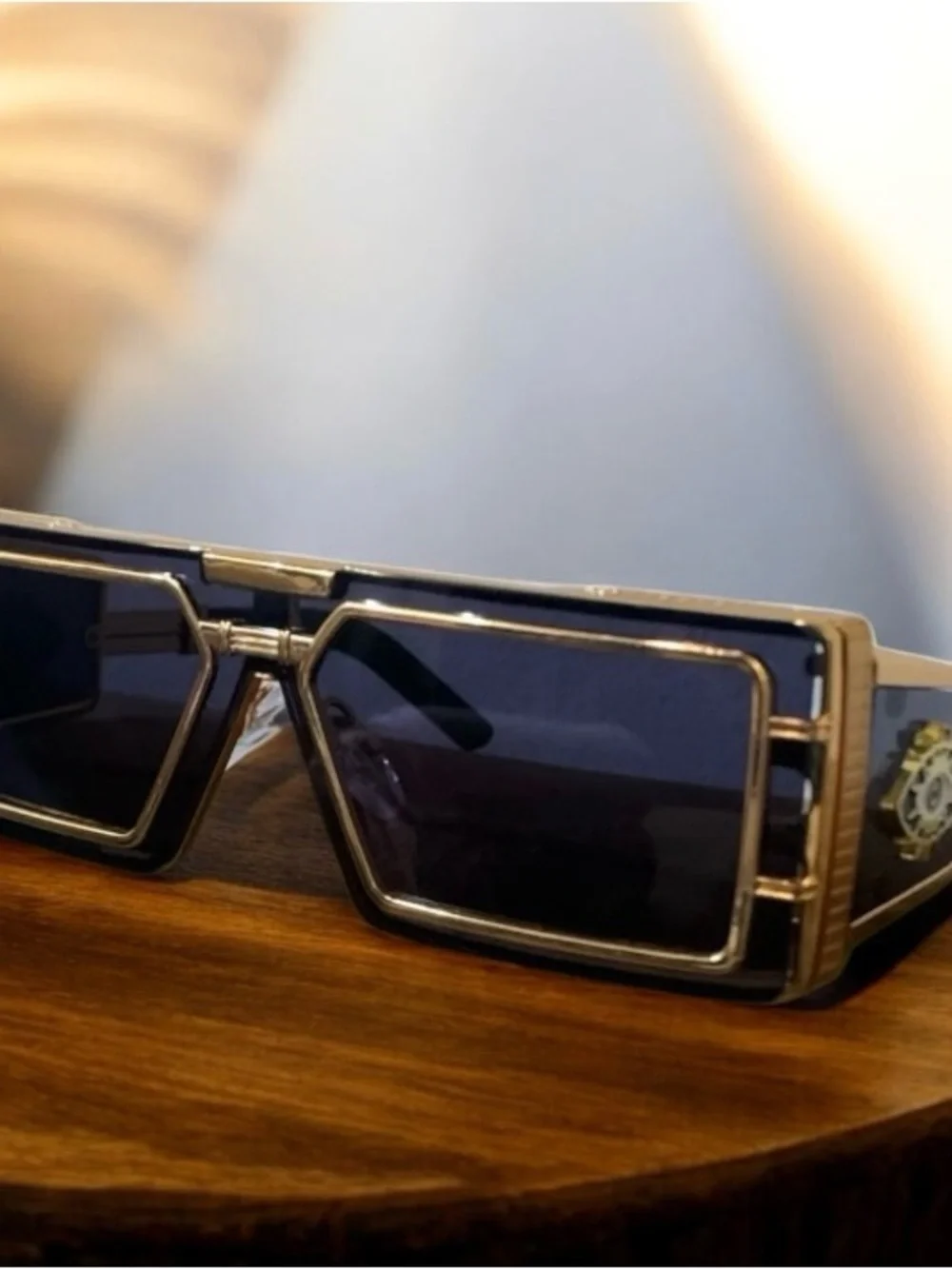 Gold and Black Rectangular Men's Sunglasses with Decorative Side Emblem